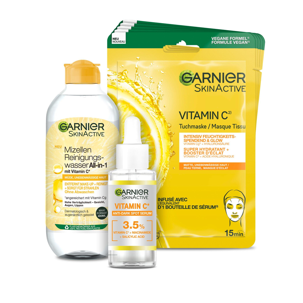 【含税直邮】GARNIER 卡尼尔 面部护理套装，含胶束清洁水、维生素 C 精华液和面膜