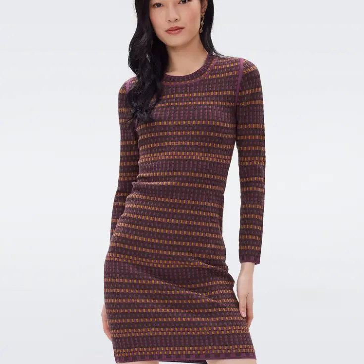 DVF Harry 榛子棕编织格纹提花针织连衣裙