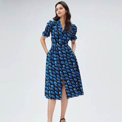 DVF Erica 孔雀蓝泡泡袖茶歇连衣裙