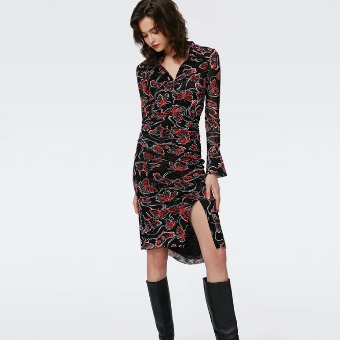DVF Lilly 黑红蝴蝶弹力网纱连衣裙