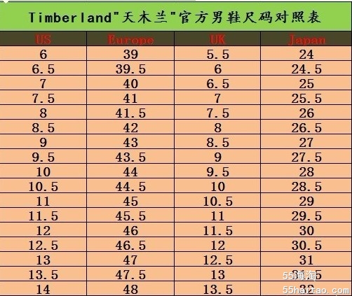 海淘鞋子尺码timberland尺码对照表