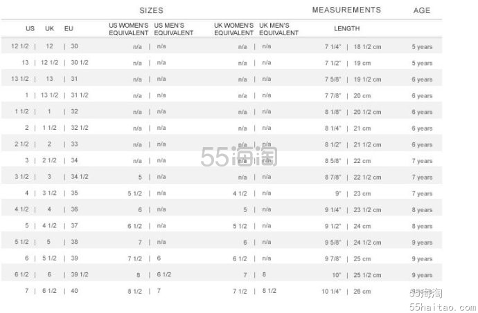 美码，英码，欧码童鞋尺寸表
