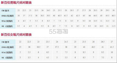 【新百伦尺码】最新New balnce新百伦鞋子尺码和NB服装尺码对照表 NB尺码海淘大全