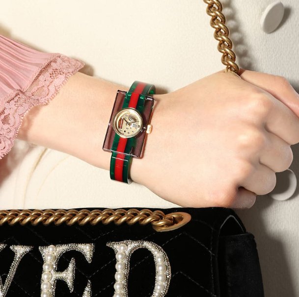 超有范儿！章子怡同款Gucci古奇矩形透明玻璃小蜜蜂女表QQ