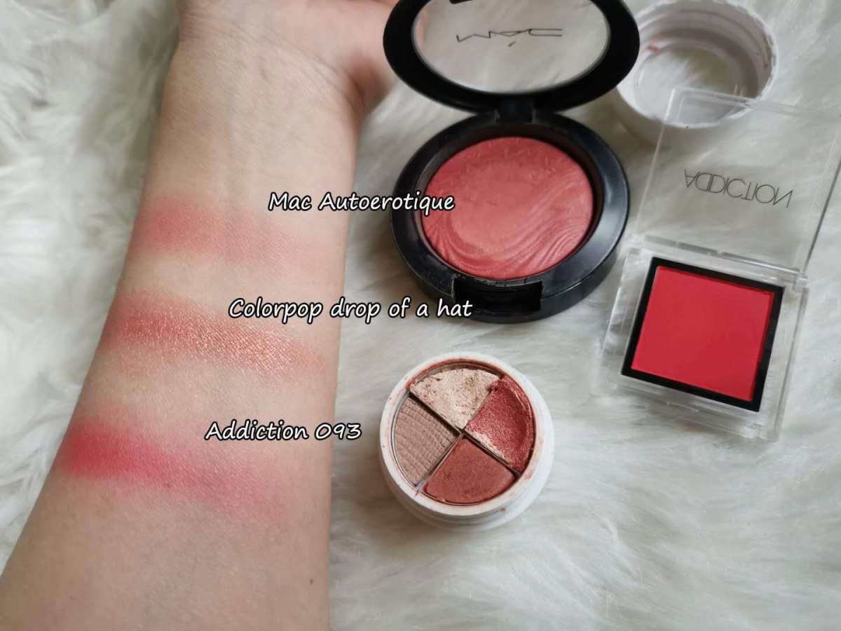 3款多用腮红试色：Mac autoertique、卡泡dro