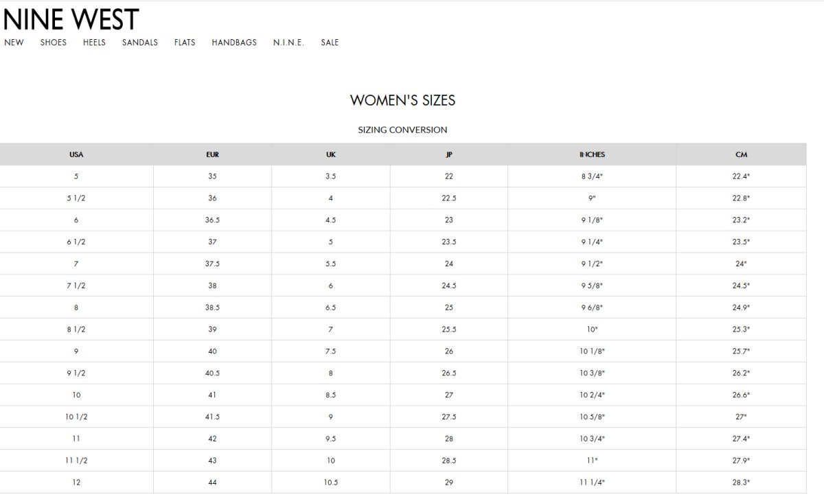 最新Nine West玖熙尺码对照表，ninewest玖熙美