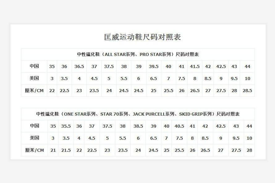 匡威尺码对照表 超全Converse匡威帆布鞋尺码对照表 !