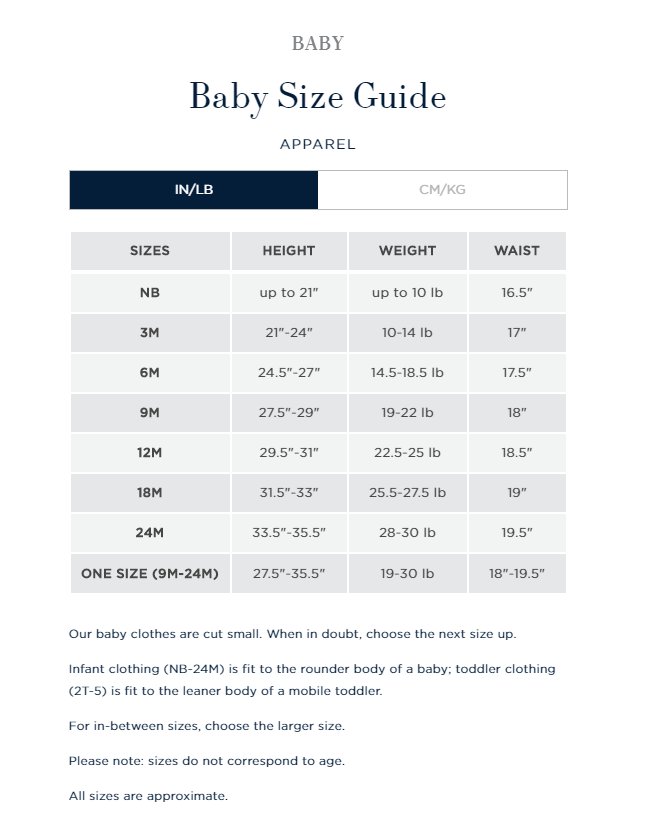 美国官网海淘攻略：拉夫劳伦婴童尺码对照表（0-24个月）！ 