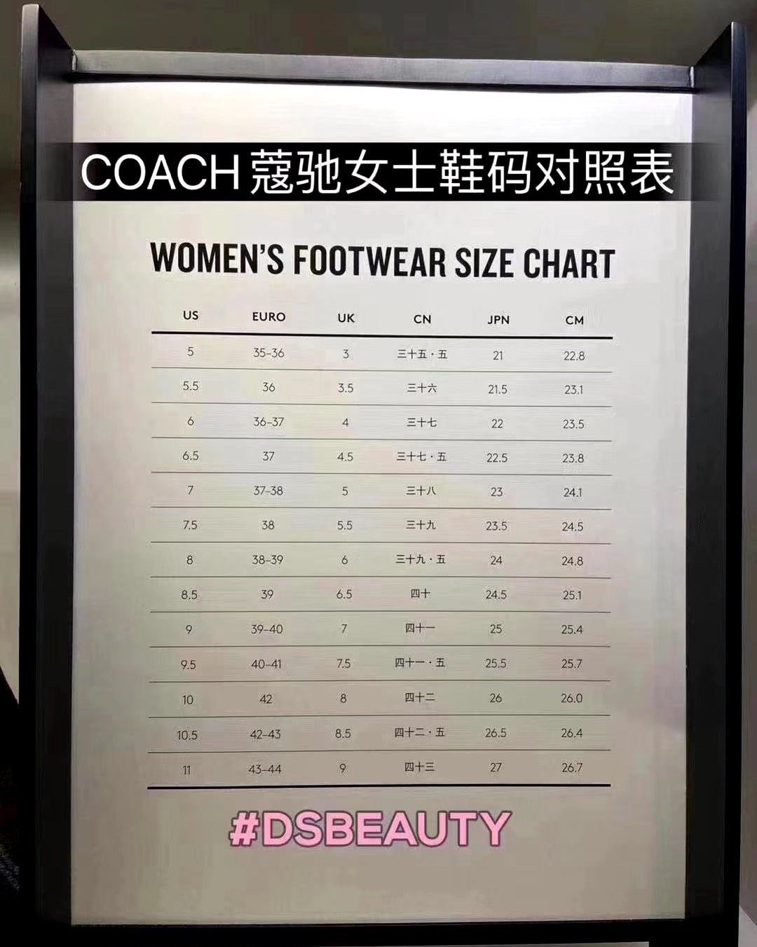coach女装尺码对照表图片