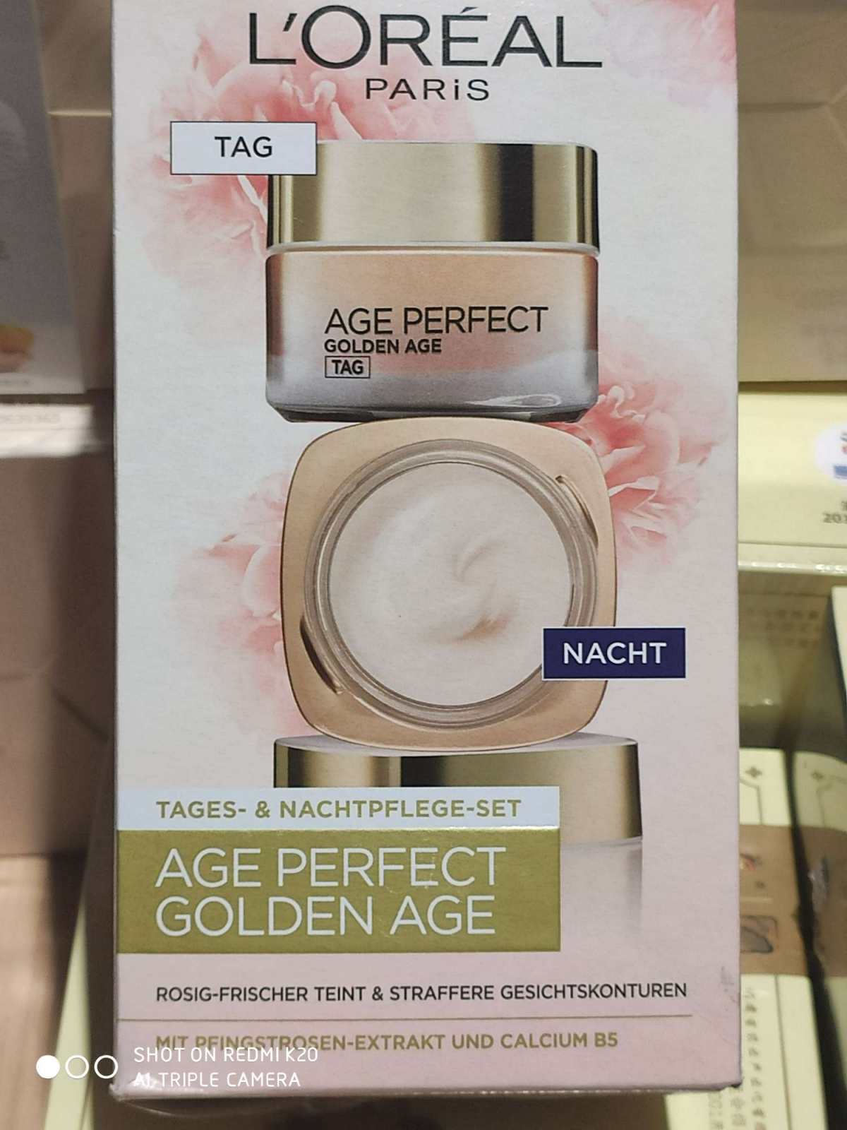 这款牡丹面霜包含日霜晚霜各一件，富含牡丹花根萃取和离子钙，可