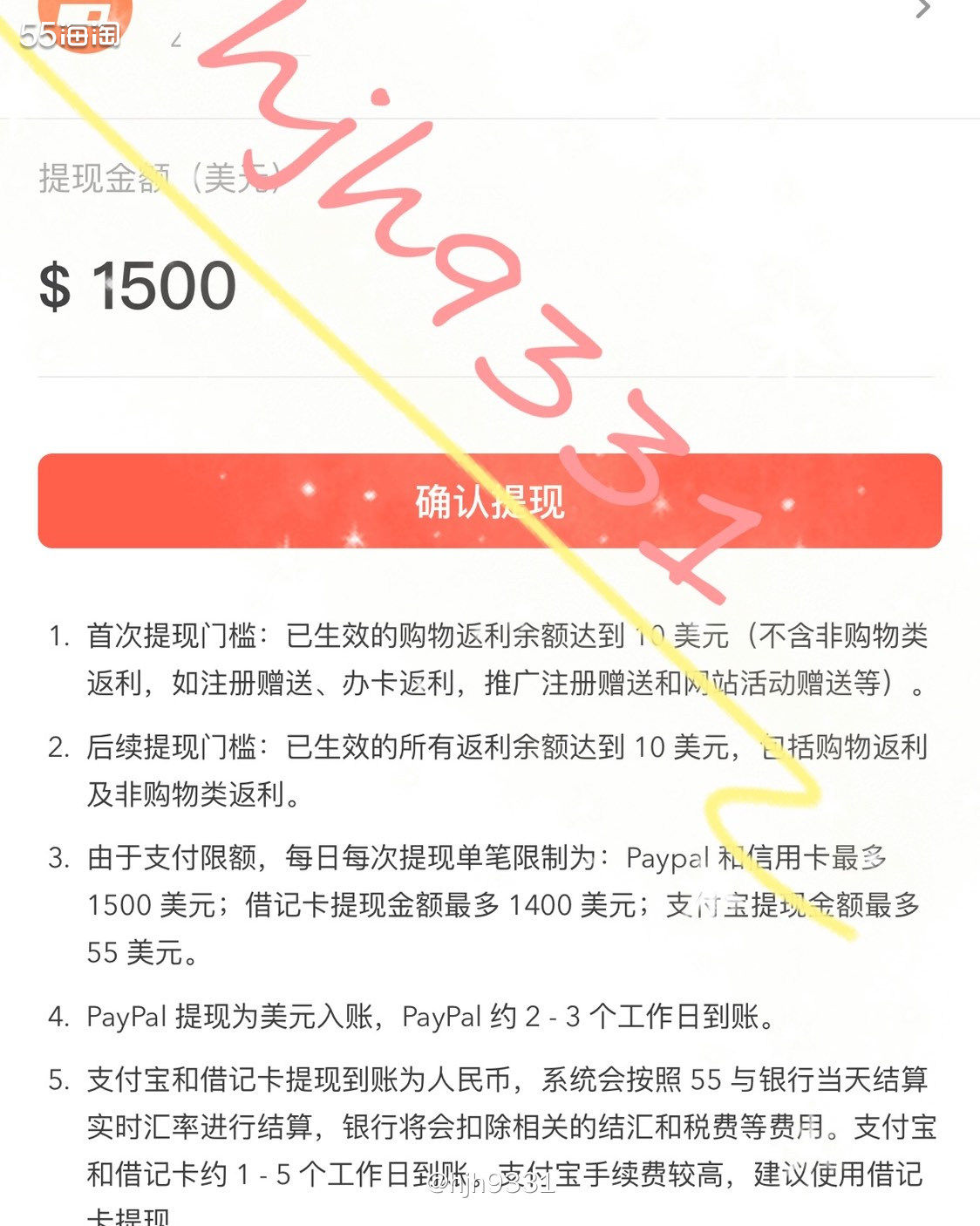 海淘经验盒子 ✨✨✨ 55海淘的返利提现几天到账？  🔸提