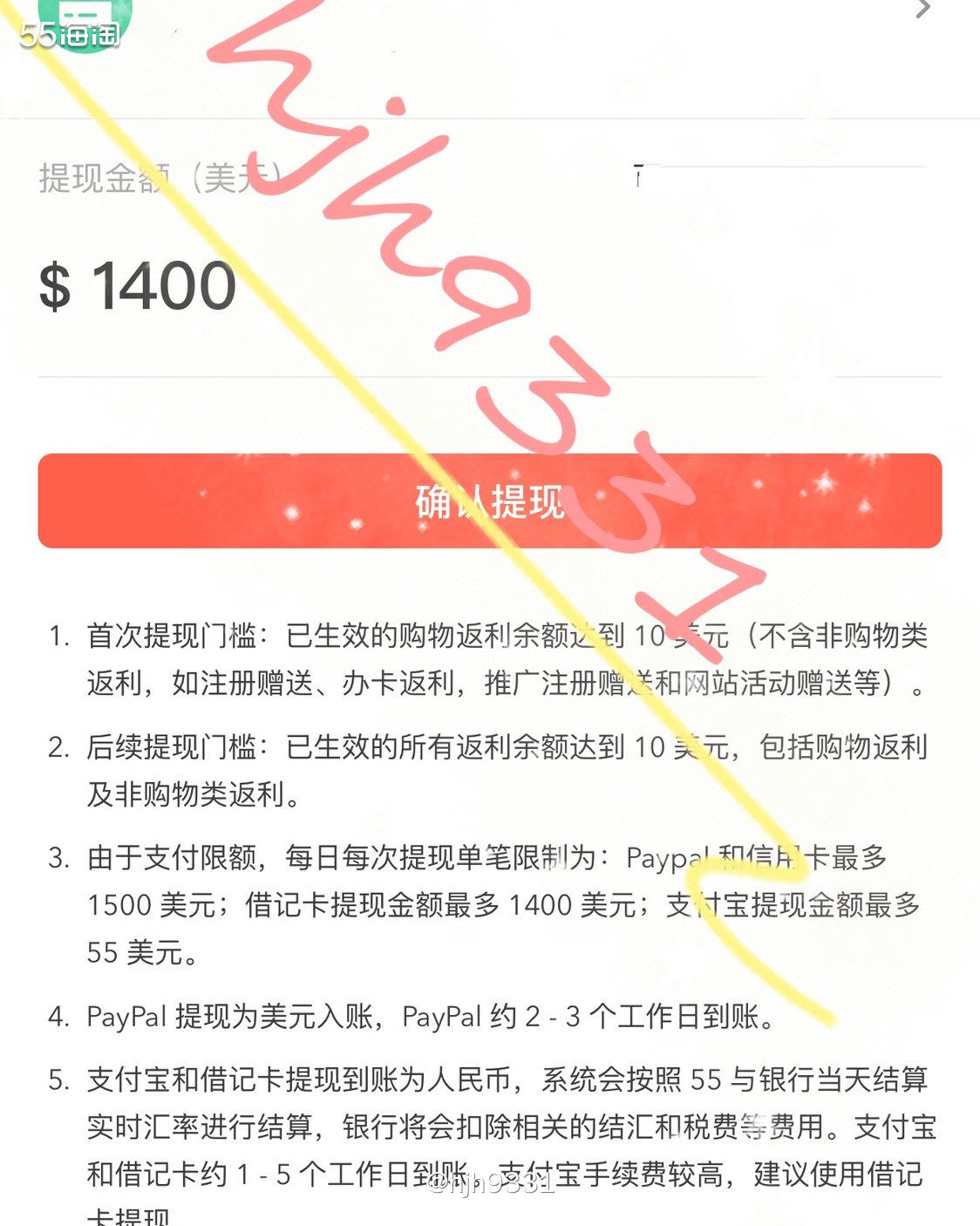 海淘经验盒子 ✨✨✨ 55海淘的返利提现几天到账？  🔸提