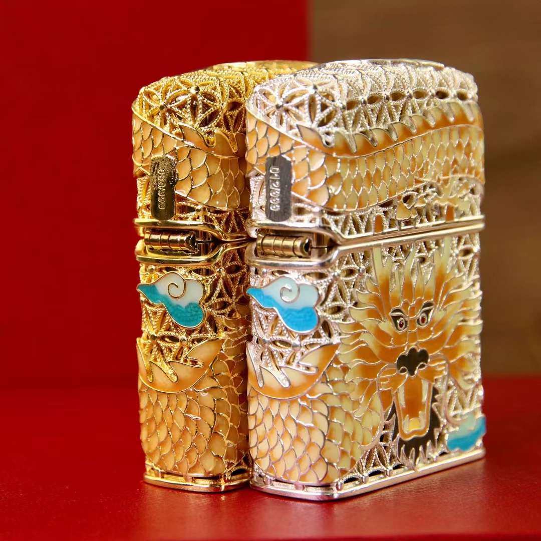 zippo限量9999夜光铜镀金镀银镂空花丝珐琅彩荧光版祥龙