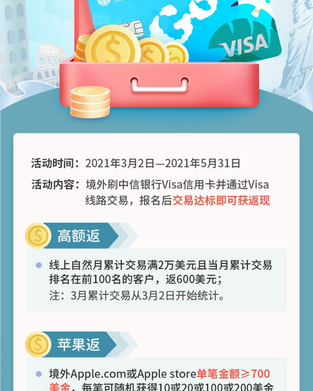 中信银行的visa也出了海淘的活动，不过这类的活动对于我来说