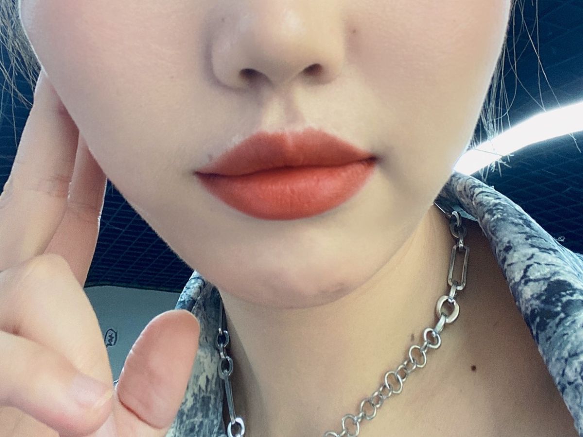 🌟品牌：阿玛尼  色号：丝绒唇釉208奶油棕橘色 肤色：白