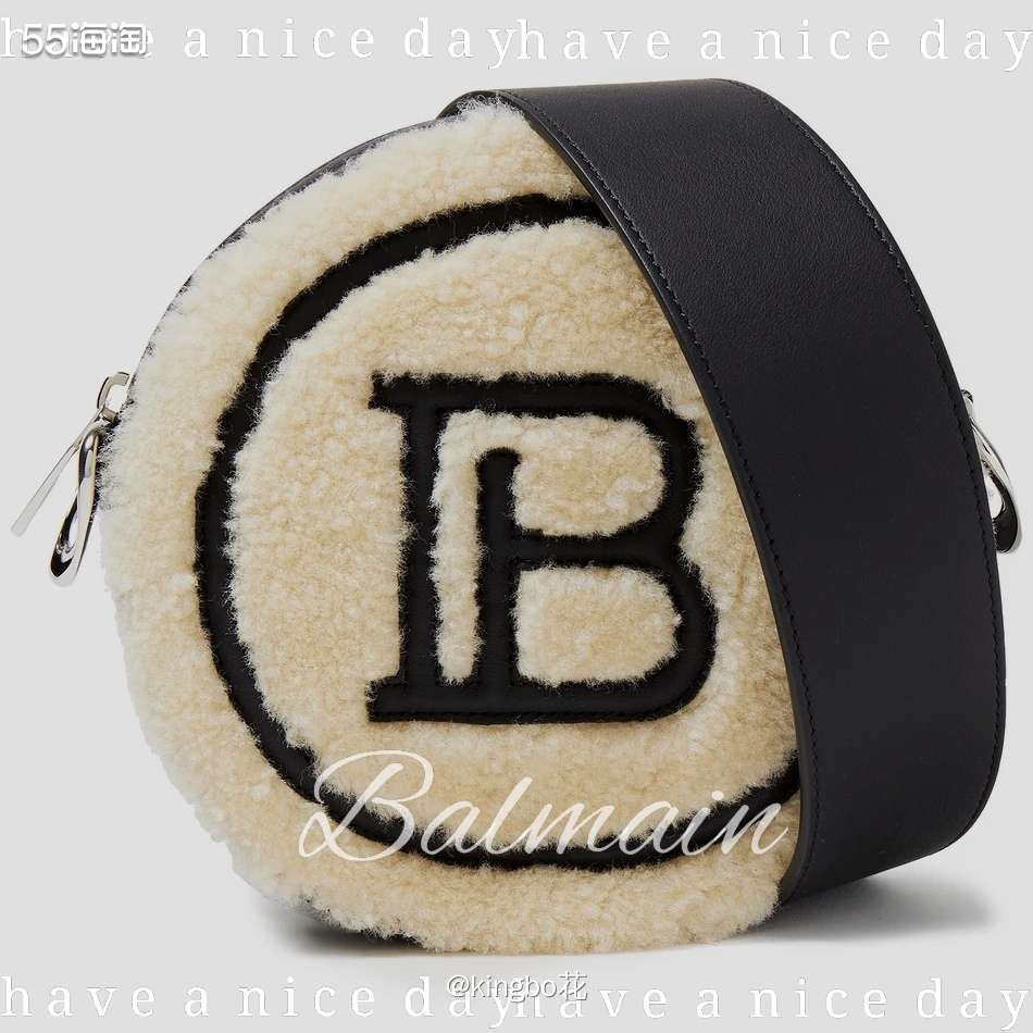 🔴Balmain Disco 皮革边饰连毛羊皮单肩包，圆饼