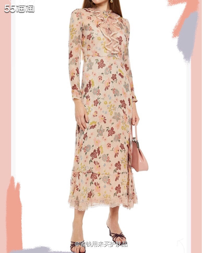 RED Valentino 镶边印花丝绸混纺雪纺连衣裙  清