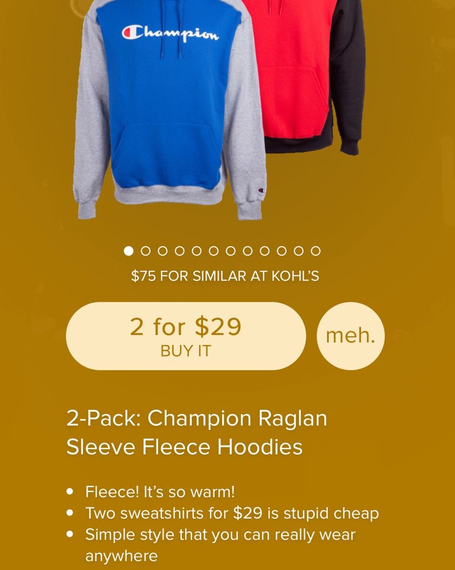 这个champion卫衣2件=29刀，虽然配色差了点而且是固