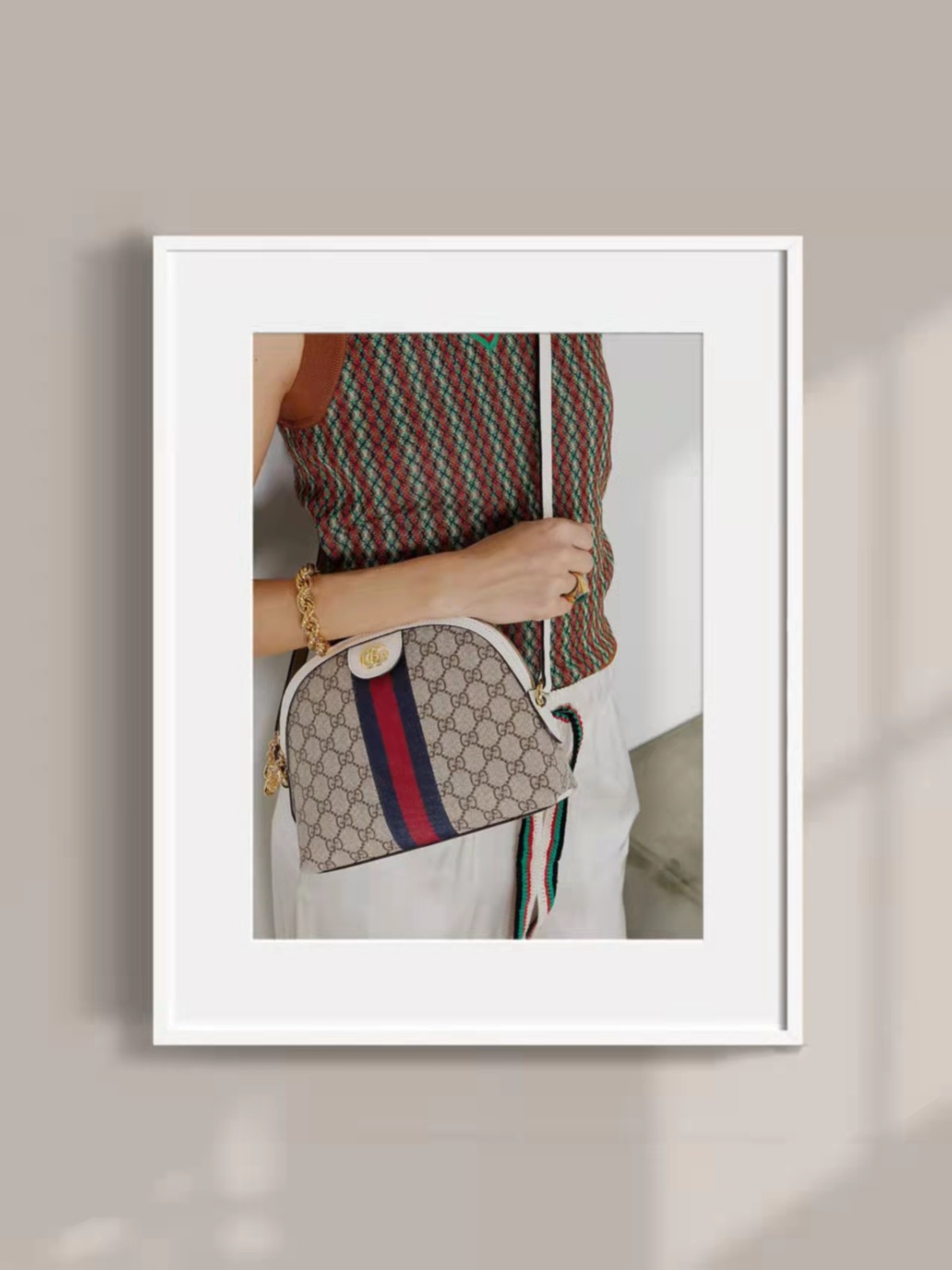 GUCCI Ophidia 纹理皮革边饰印花涂层帆布单肩包 