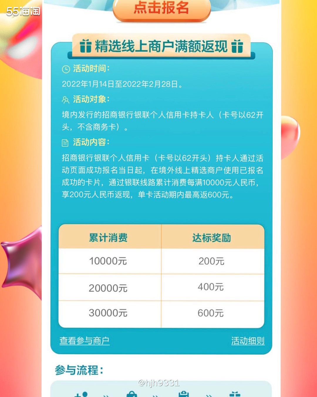 ：招商银行62 返现力度：最现600元 返现门槛：累计消费满