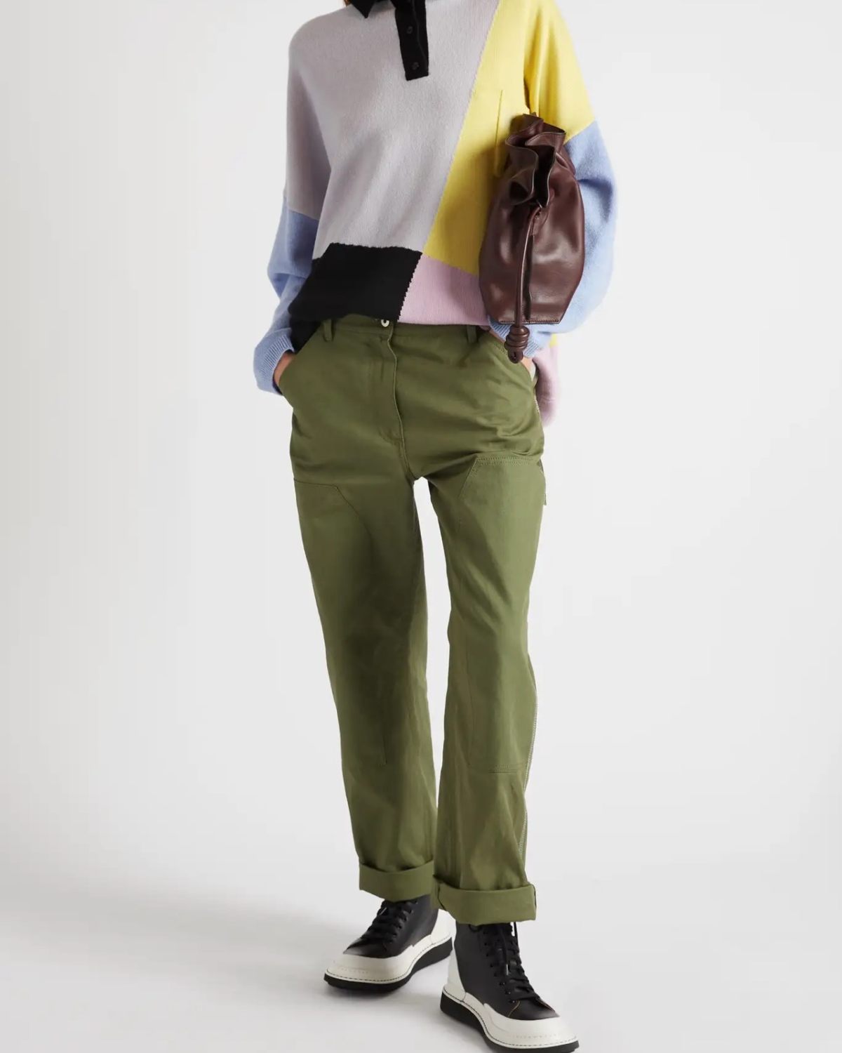 🔆罗意威刺绣拼色羊毛混纺毛衣，Polo衬衫领和宽松版毛衣的