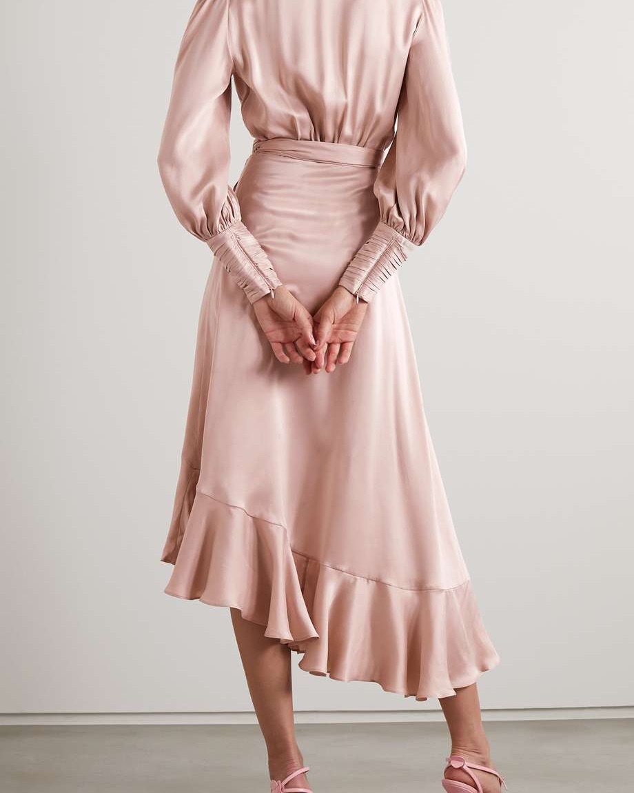 👗不对称荷叶边丝缎中长裹身连衣裙，展现现代女性的柔美 ‪�