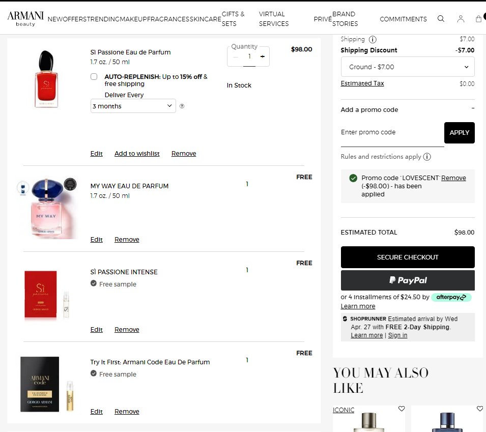 阿玛尼美国官网香水买一送一了，满90美金可以自选正装50ML