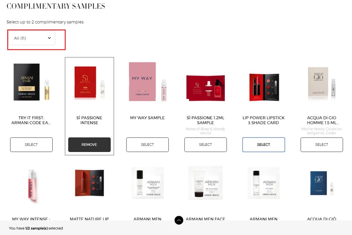 阿玛尼美国官网香水买一送一了，满90美金可以自选正装50ML