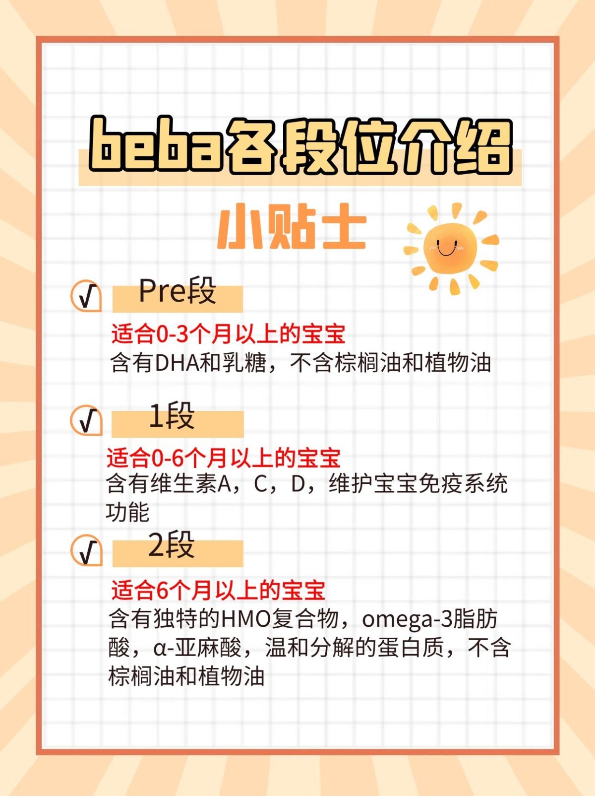 1、pre段 适合0-3个月以上宝宝， 含有 DHA（法律要