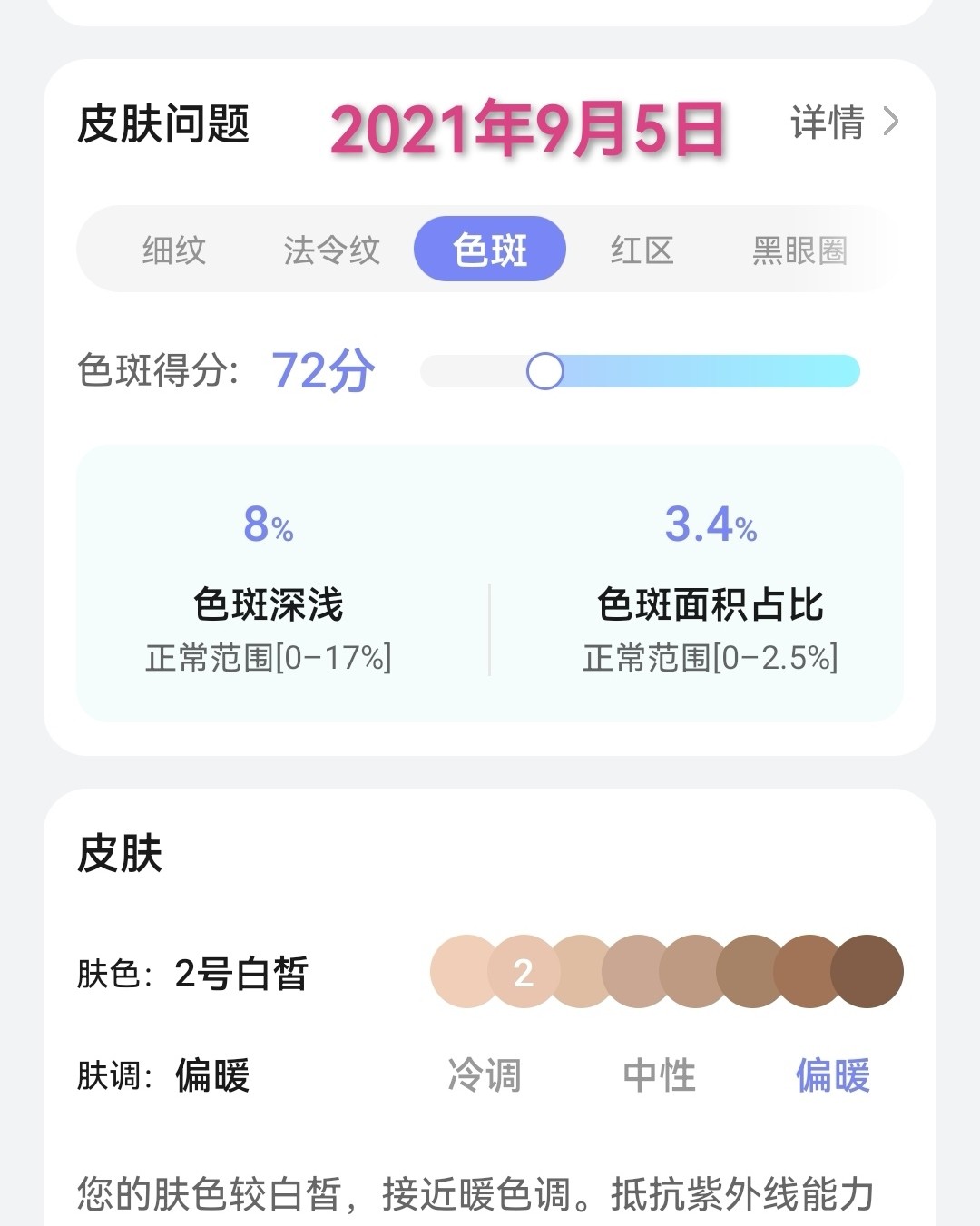 华为镜子里也有皮肤测试，其中有一项是色！对比了下，色面积从4