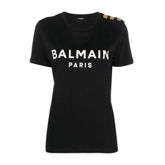 【22年新品】BALMAIN巴尔曼 女士黑色圆领经典徽标印纹半袖T恤