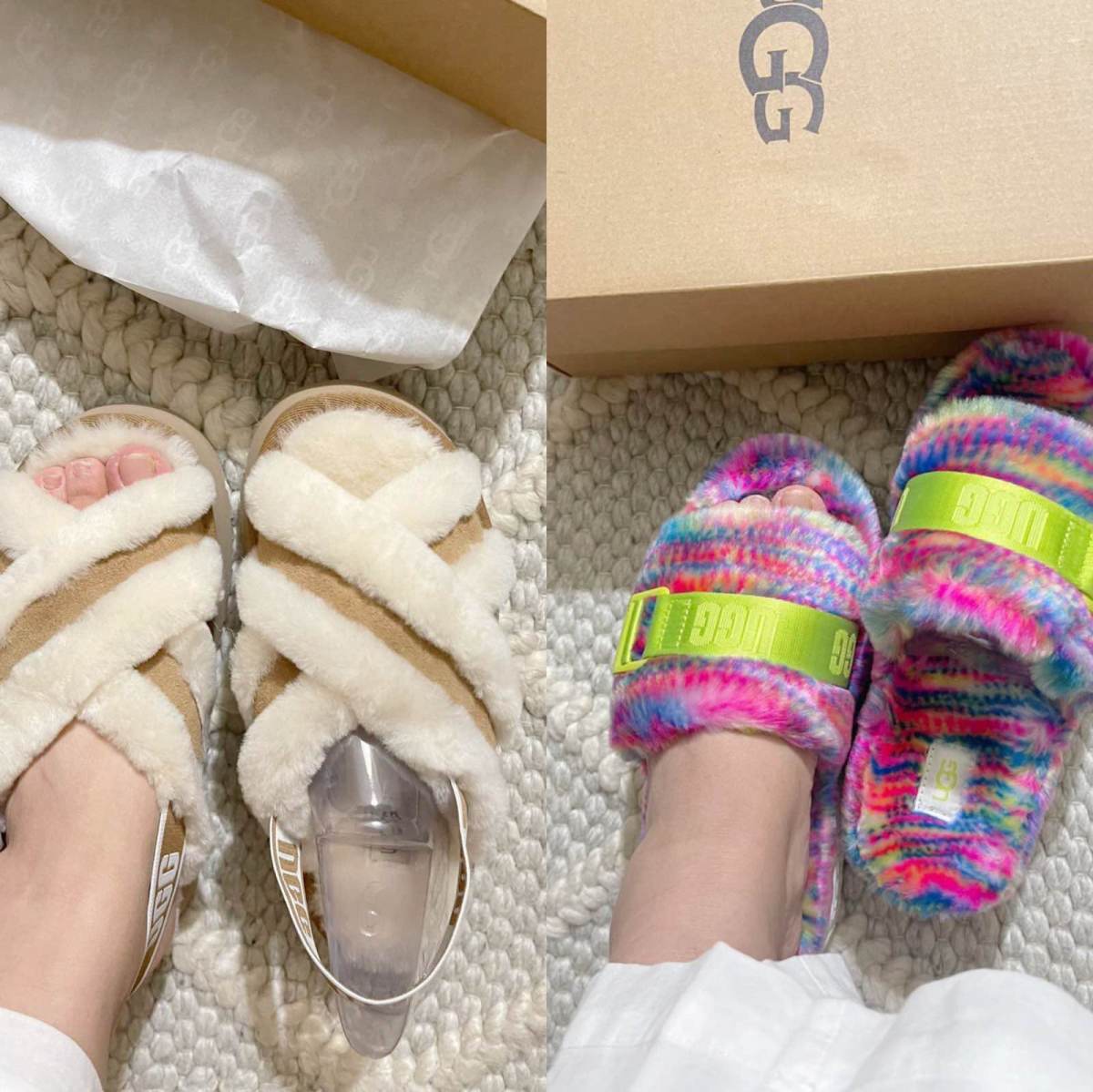 这次买了两双UGG 毛毛拖鞋，都是厚底的。感觉厚底的能穿的久