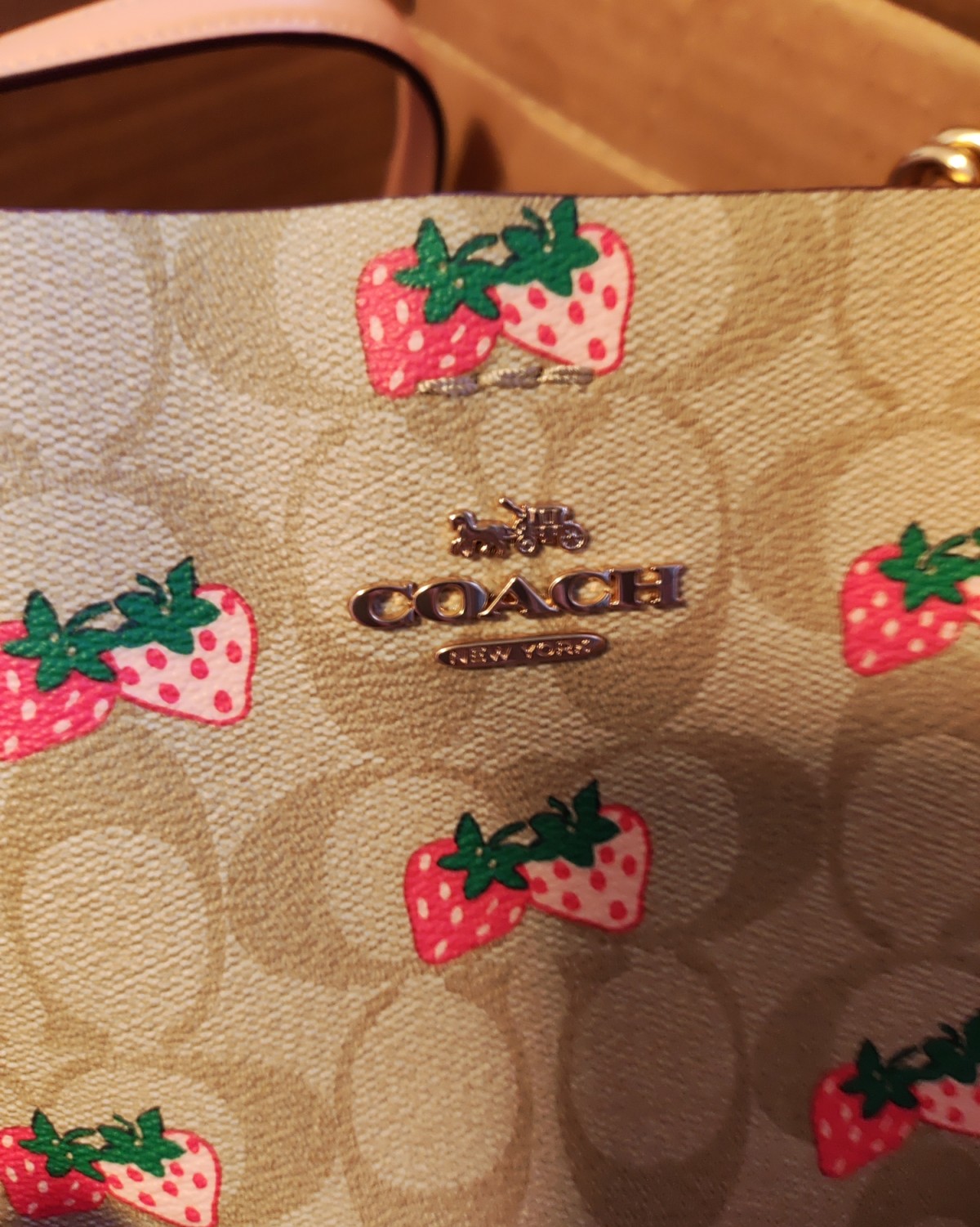 七月份在coach奥莱官网，买的两个限定款草莓水桶包，终于收