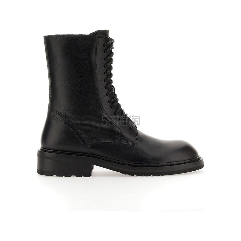 【22年新品】ANN DEMEULEMEESTER 女士黑色粒面皮革系带短靴马丁靴