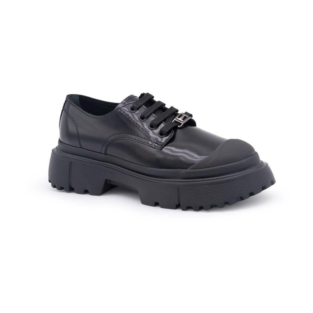 【22年新品】HOGAN H619 女士纯黑色皮质系带鞋平底鞋乐福鞋