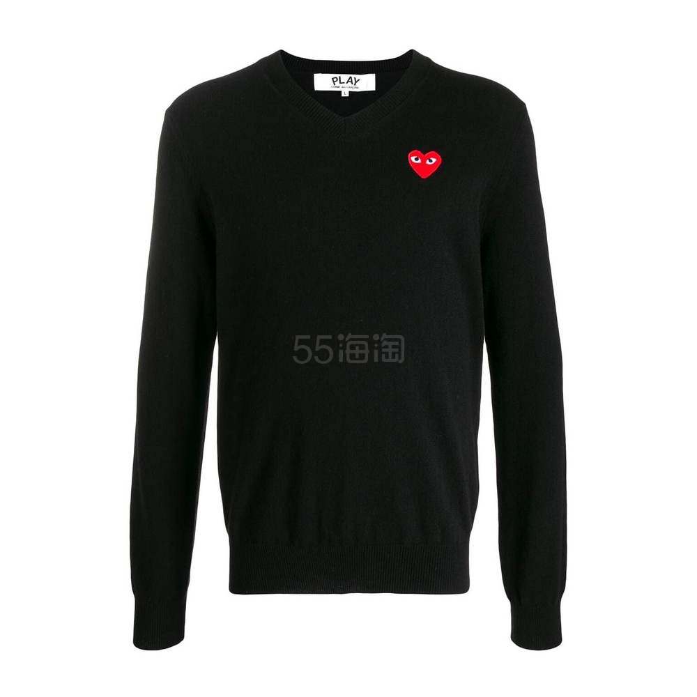 COMME des GARCONS play川久保玲 男士爱心Logo刺绣贴片黑色羊毛套头衫毛衣
