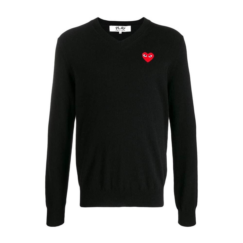 COMME des GARCONS play川久保玲 男士爱心Logo刺绣贴片黑色羊毛套头衫毛衣