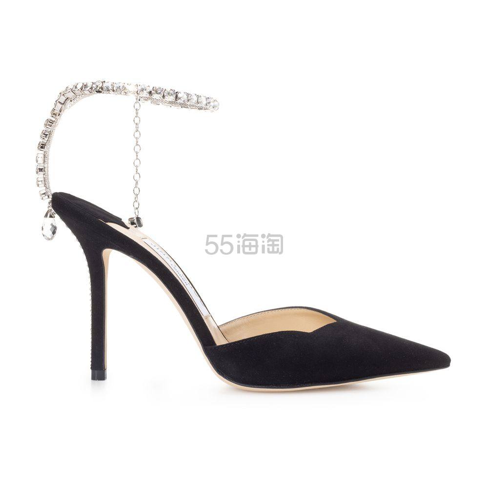 【小程序】【明星同款】JIMMY CHOO SAEDA 100 女士水晶链黑色绒面革高跟鞋婚鞋