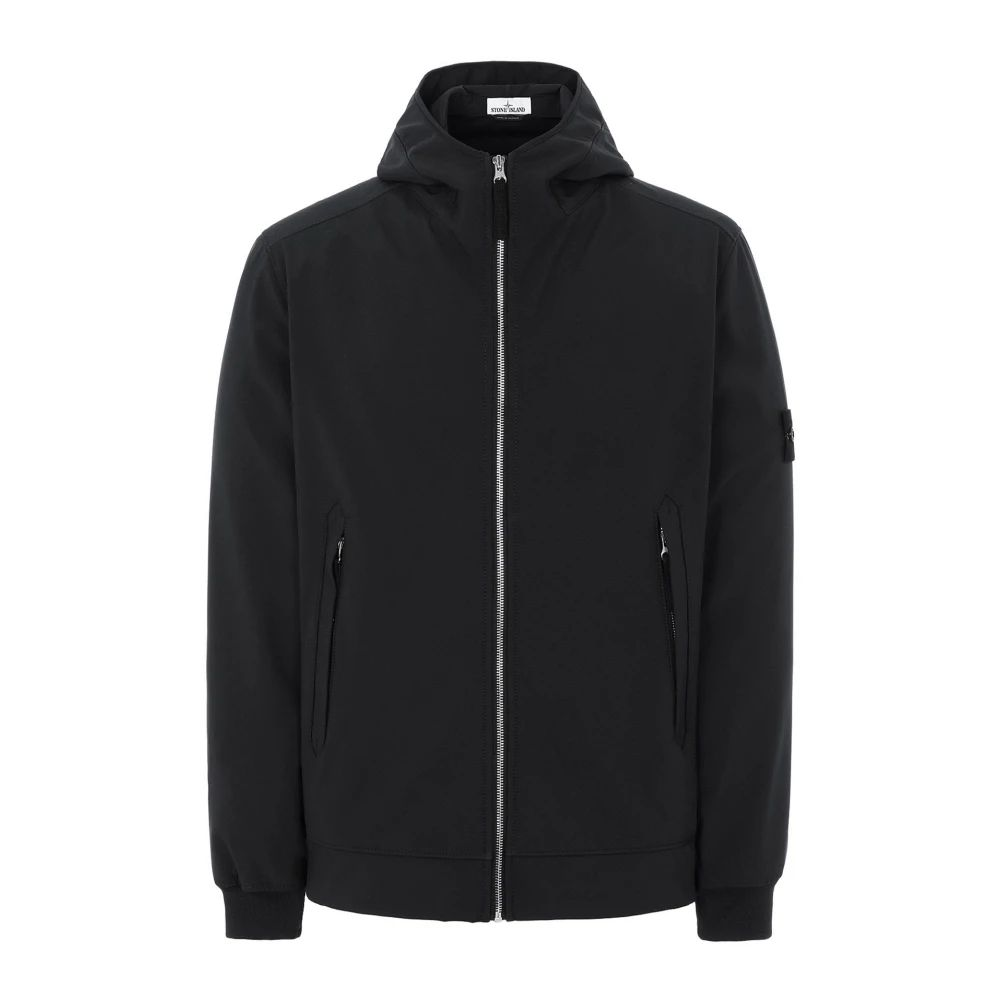 【22年新品】Stone Island石头岛 Light Soft Shell-R 男士黑色徽标logo拉链连帽夹克防水防风