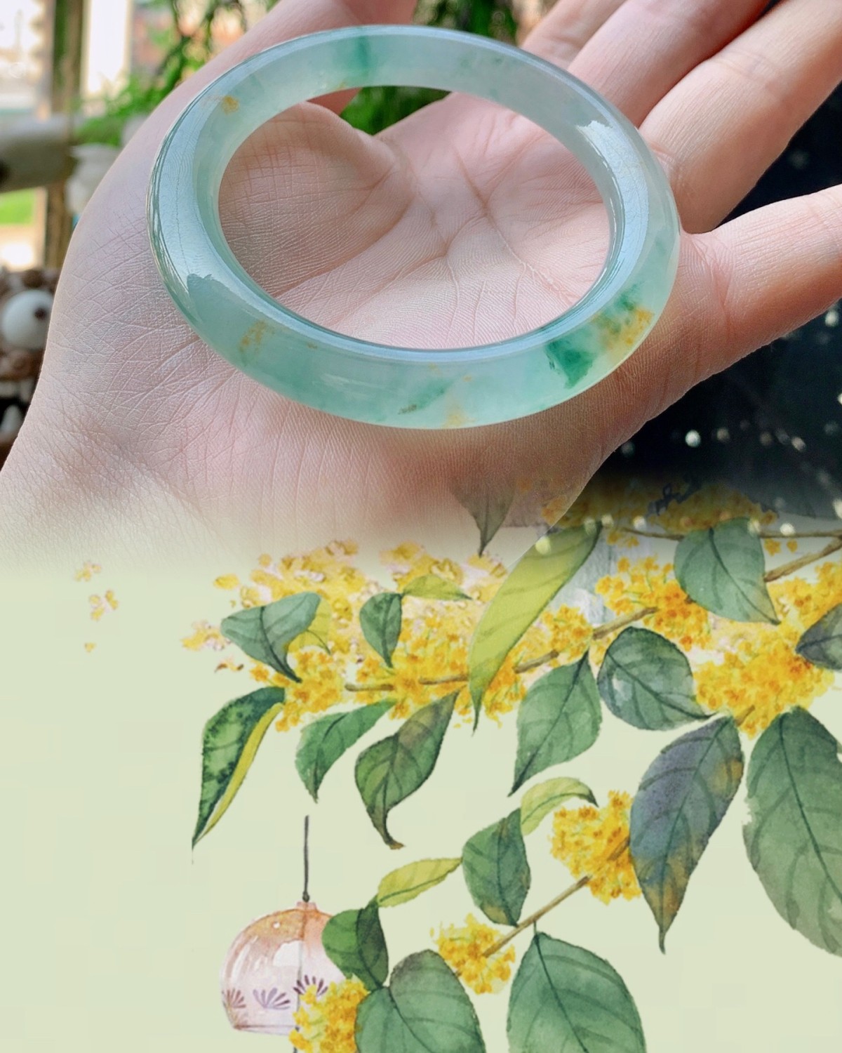 看到这个镯子第一眼想到的是小桂花，细碎的洒金穿梭在叶片之中~