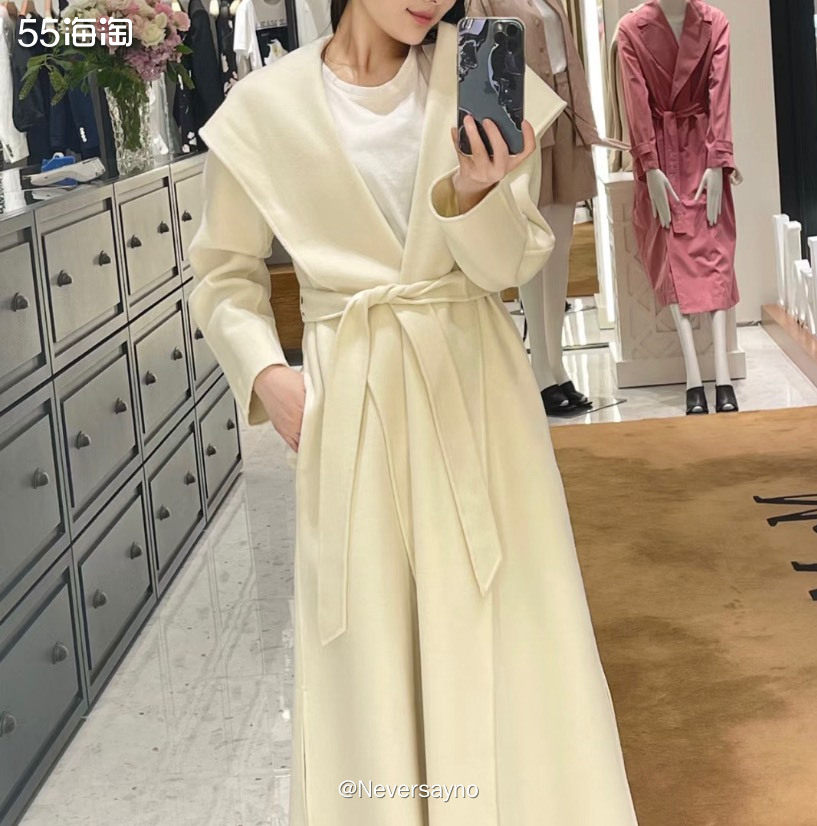 Max Mara srudio白色翻领披肩双面羊绒大衣  �