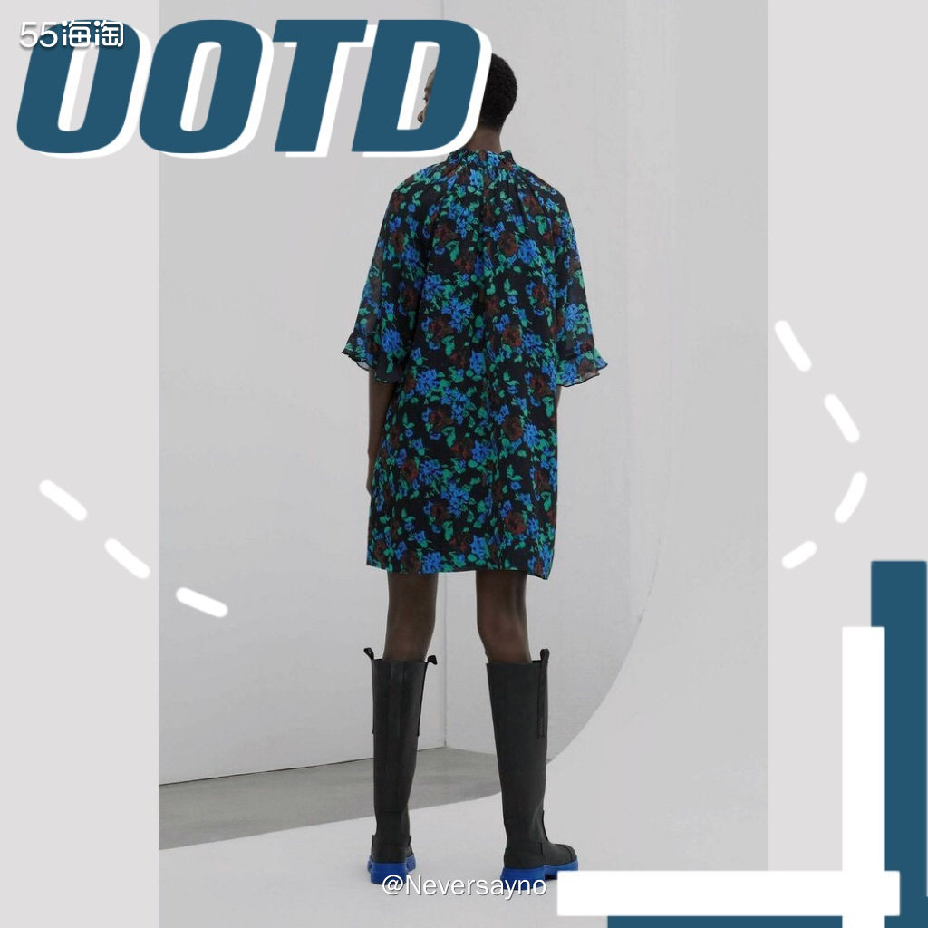 Ganni复古系列碎花款连衣裙，搭配黑色靴子很耐看哦   �