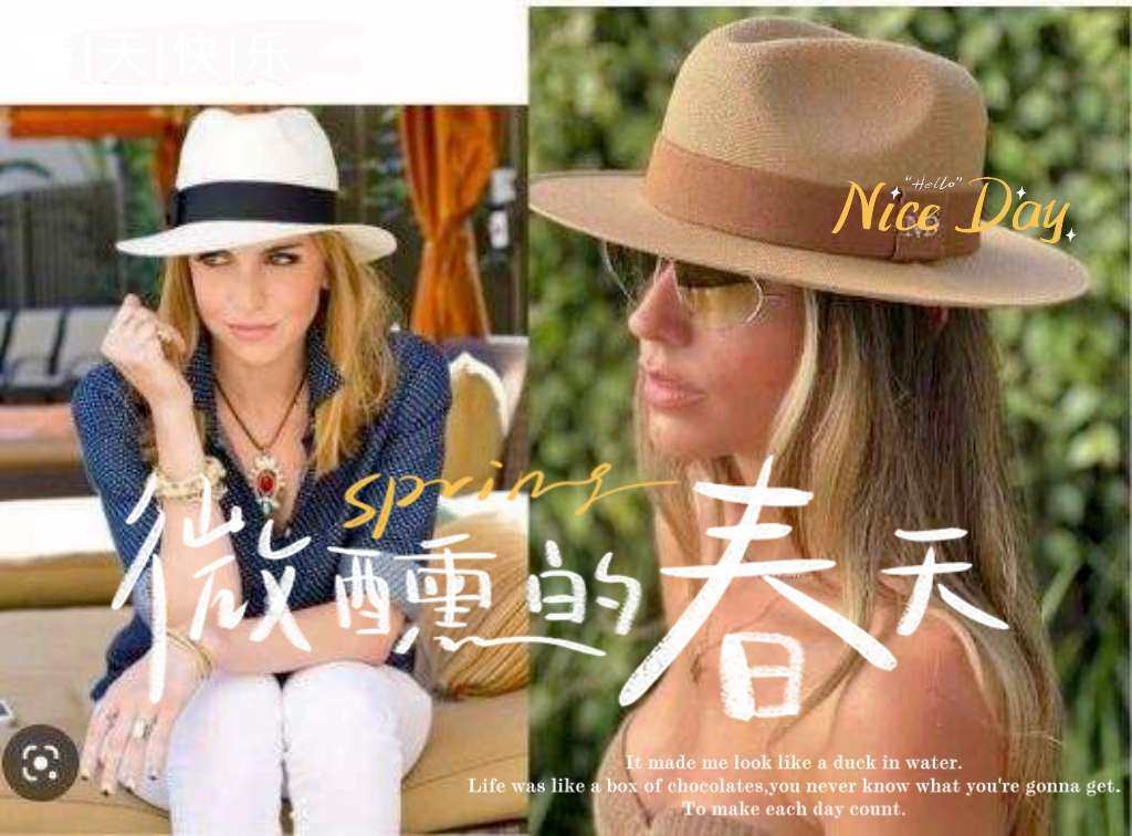 酷热的街头，戴着一顶宽边草帽，帽冠周围有一条棕色带子。 这顶