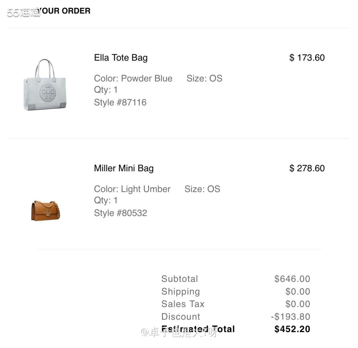 下单网站：美网Tory burch官网 下单商品：蓝色托特包