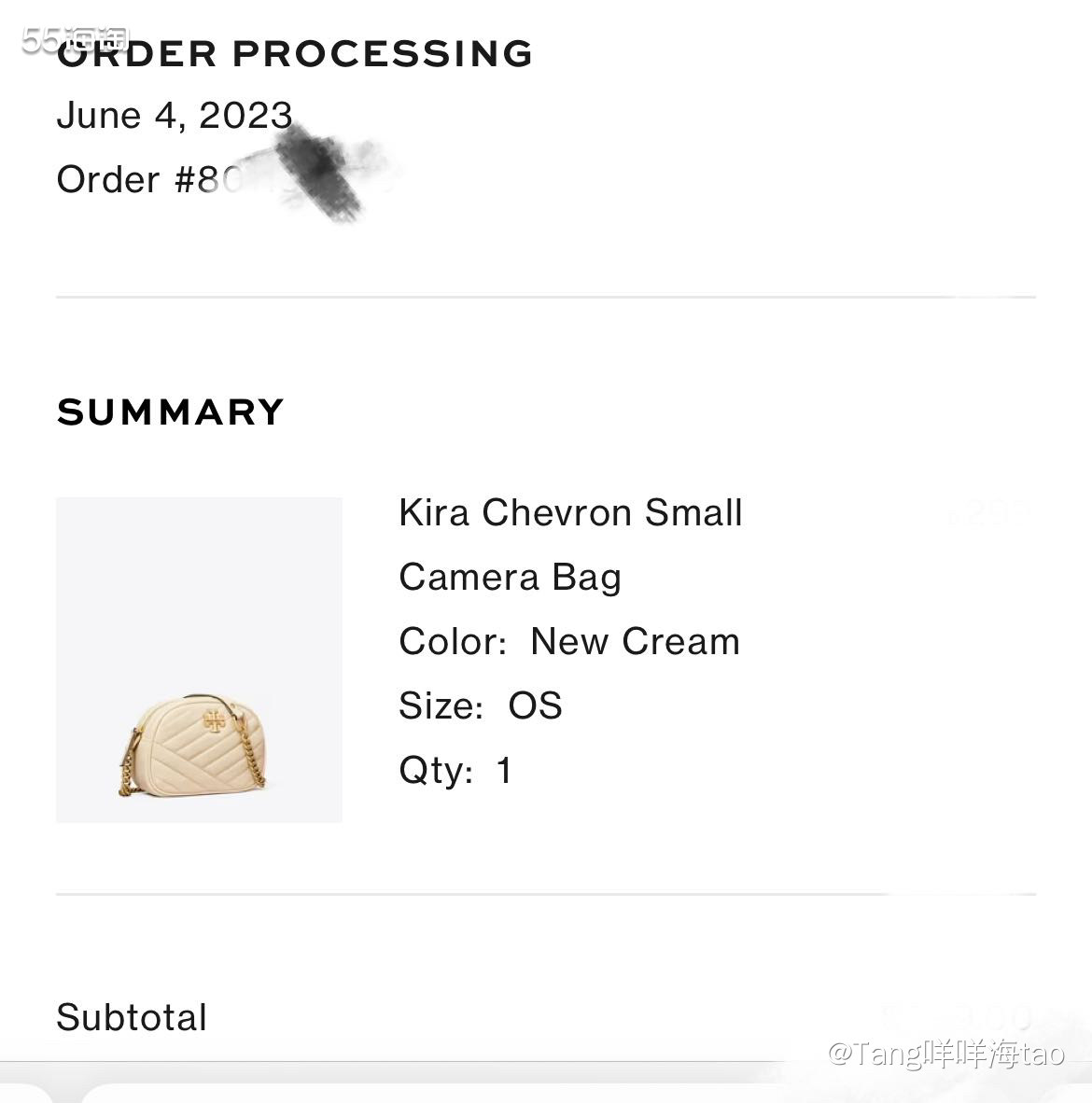 产品名称：米白色kira相机包 购买渠道：toryburch