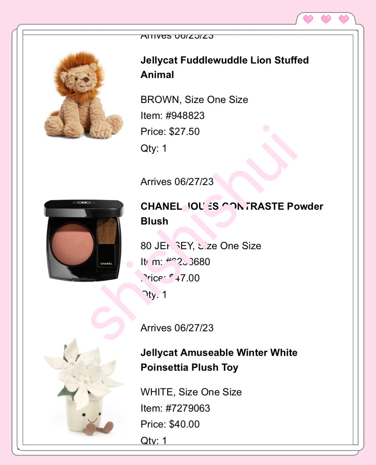 ✅下单内容：香奈儿儿腮红80色号➕jellycat小狮子和一