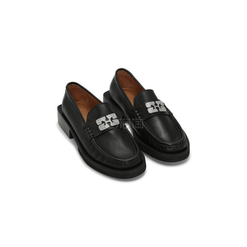 【23年秋冬新品】GANNI甘尼 女士黑色logo款蝴蝶配饰皮革乐福鞋