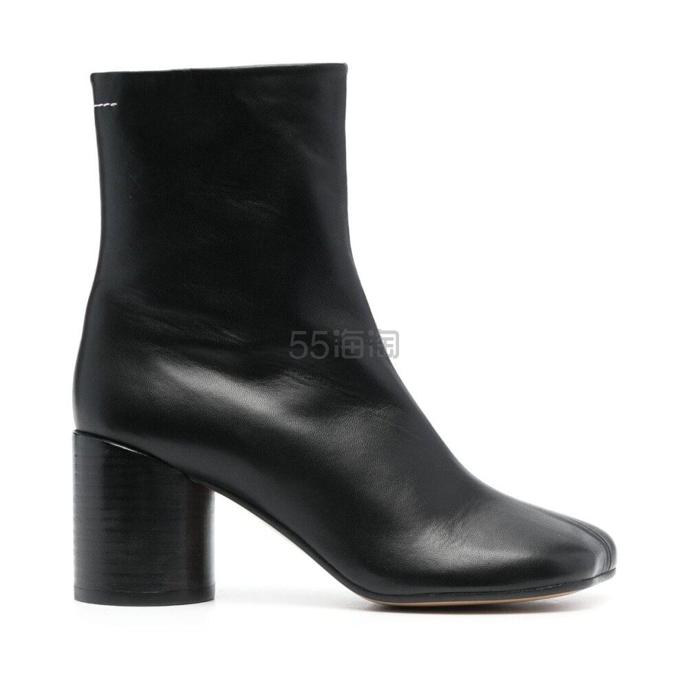 【23年秋冬新品】MM6 Maison Margiela 女士黑色皮革粗高跟及踝靴中筒靴短靴