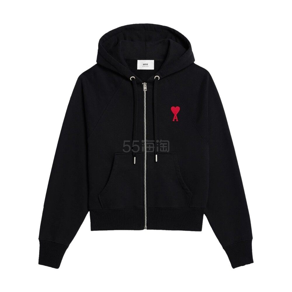 Ami Paris 男女通用红色爱心刺绣logo黑色长袖连帽拉链外套