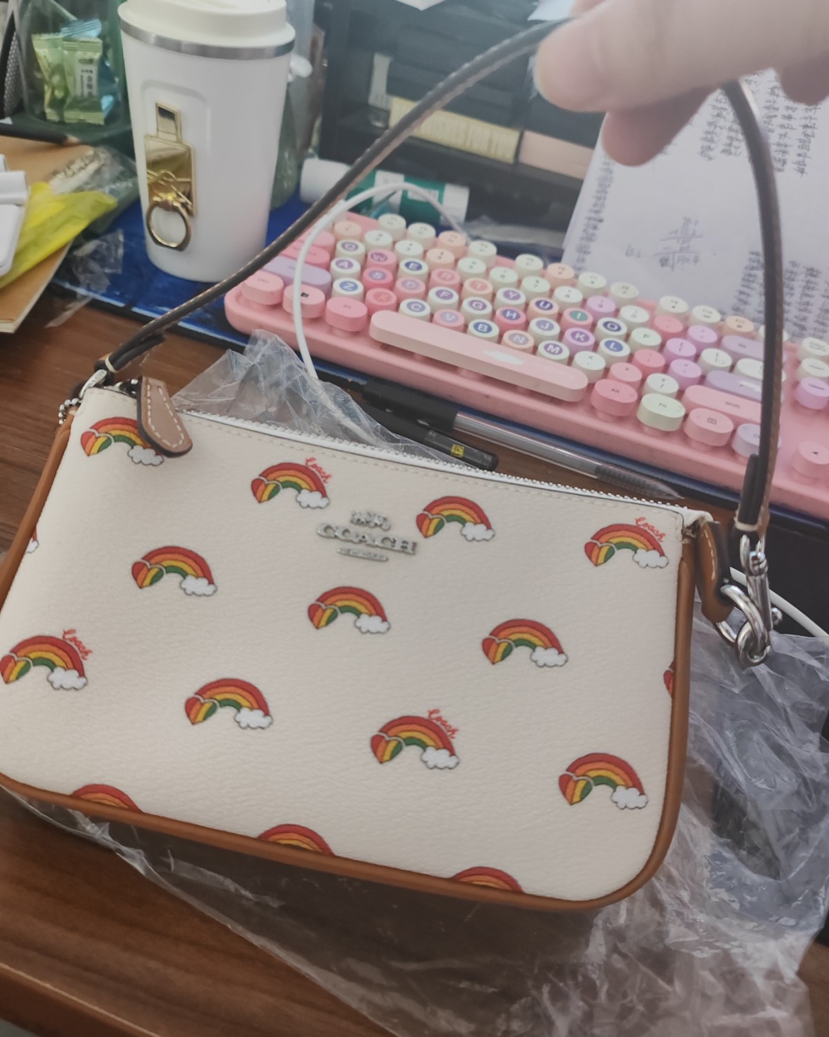 昨天收到了蔻驰奥莱买的彩虹19号麻将包，其实还是蛮好看的，也